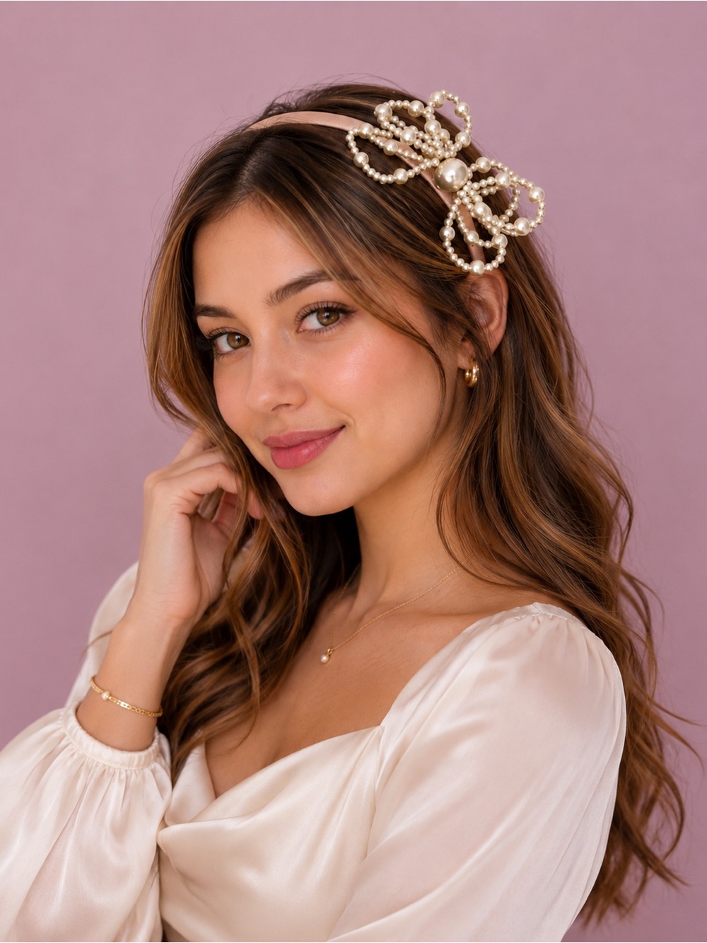 Pearl Bow Detail Headband in Light Pink